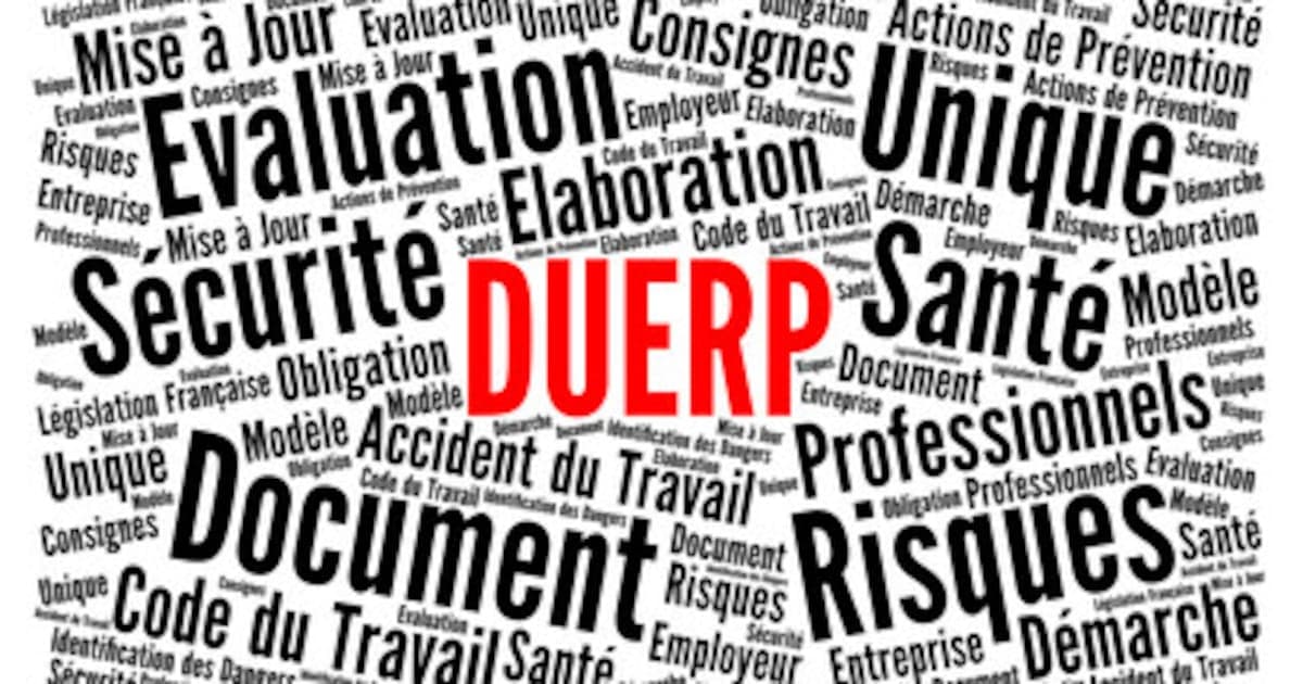 Nuage de mots autour du DUERP : évaluation, risques, sécurité, obligation, mise à jour